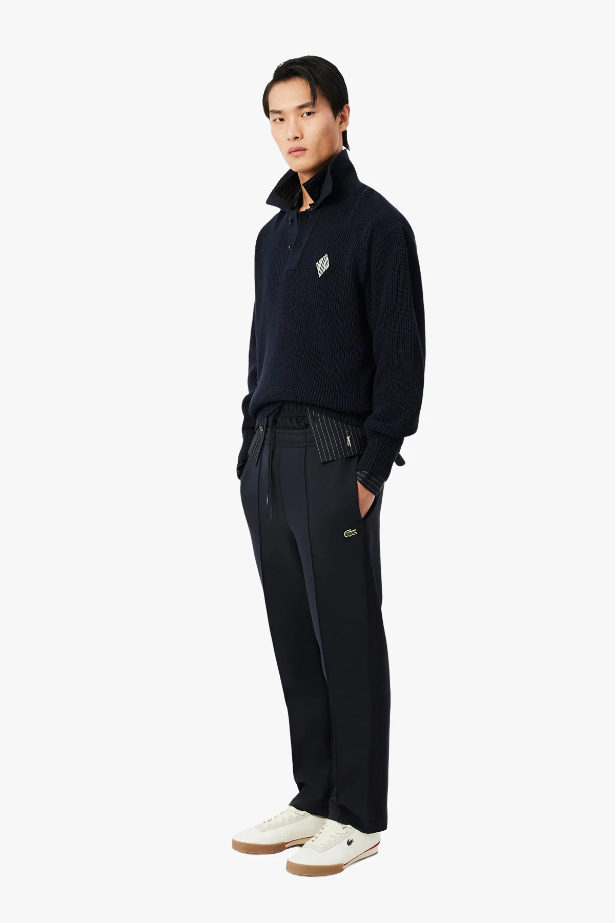 RELAXED FIT RIBBED COTTON BADGE ACCENT POLO COLLAR SWEATER - Image 2